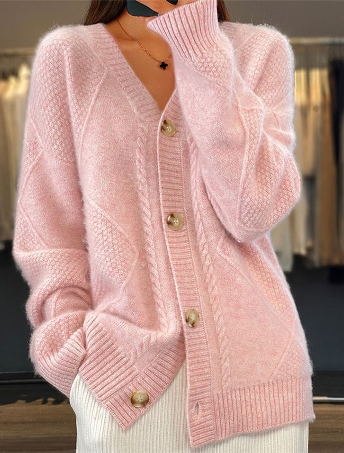 Women V Neck Cable Knit Cardig - огляд і ціна Down Jacket Packable